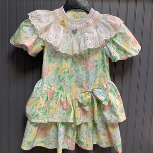 VTG 90s Easter Handmade Smocked Floral Cottage Core Dress Double Ruffle 4-5 EUC